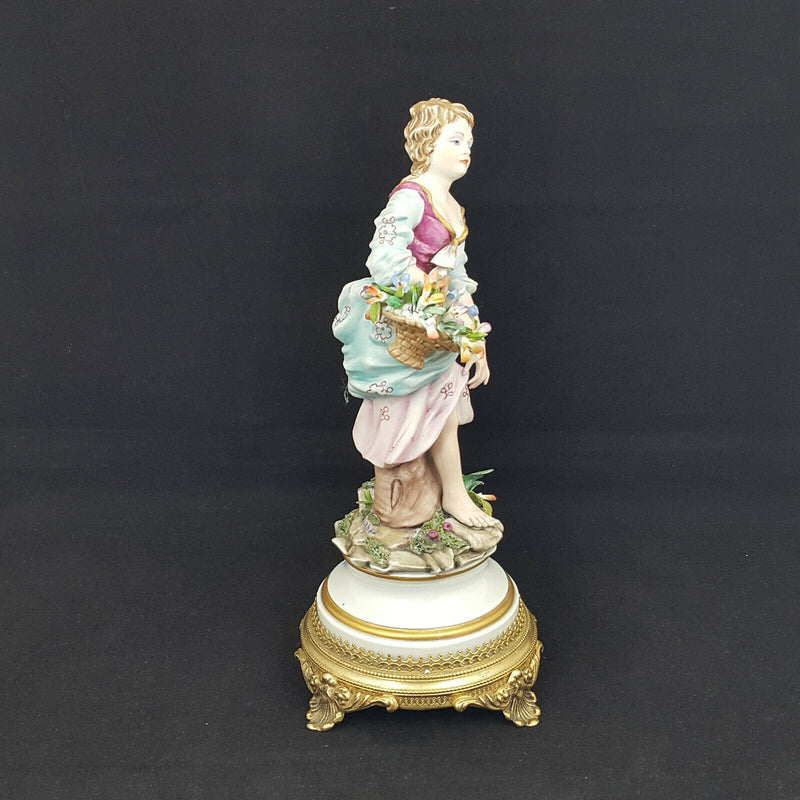 Capodimonte Figurine Lady with flower basket, metal base - damaged