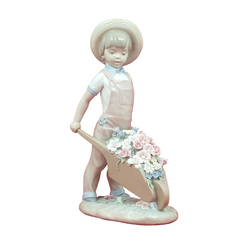 Lladro Wheelbarrow with Flowers Boy Figurine 1283