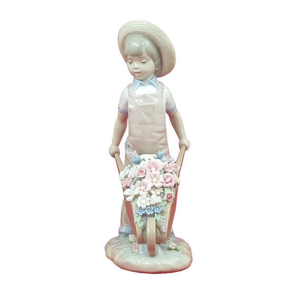 Lladro Wheelbarrow with Flowers Boy Figurine 1283