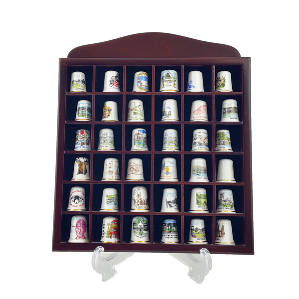 36 x Vintage Decorative Bone China England Thimbles In Wooden Stand - OP 2667