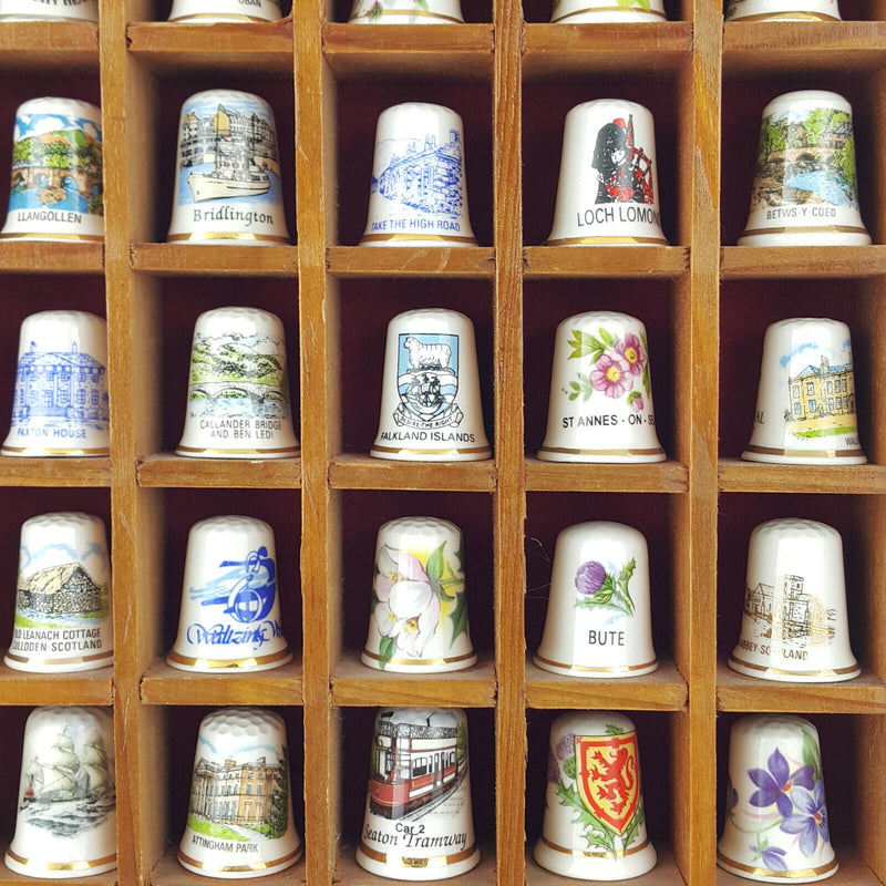 48 x Vintage Decorative Bone China England Thimbles In Wooden Stand - OP 2666