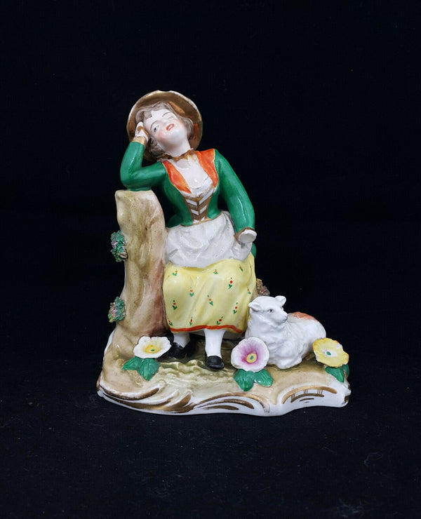 Dresden Figurine Lady Leaning On Tree & Dog Laying Down - Restored