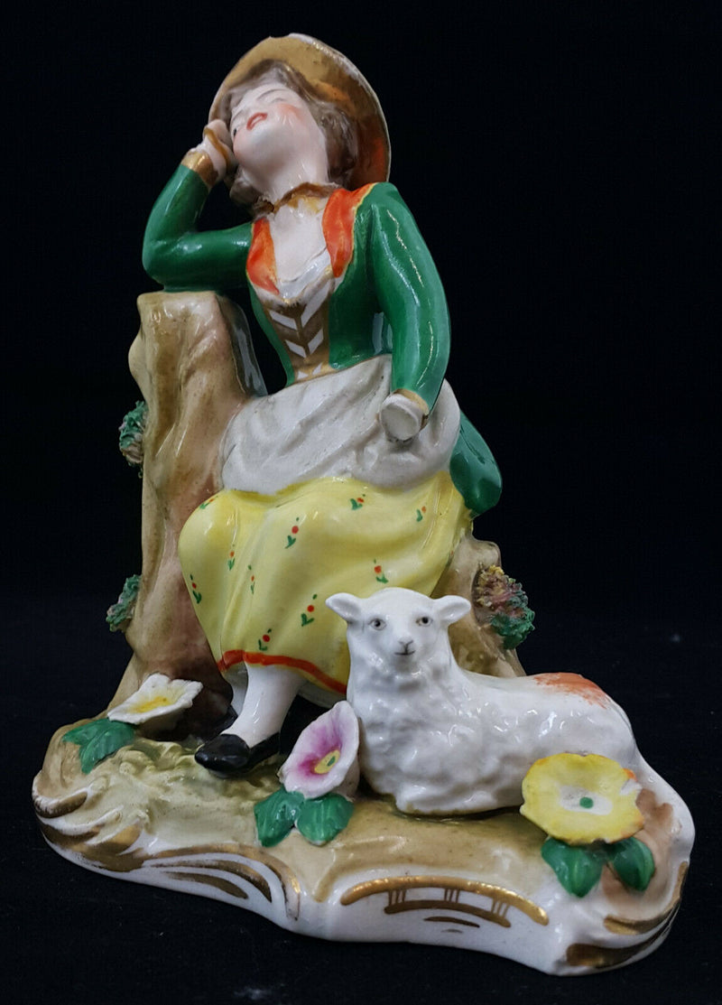 Dresden Figurine Lady Leaning On Tree & Dog Laying Down - Restored