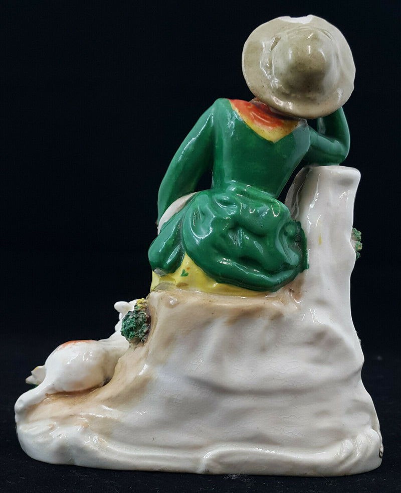 Dresden Figurine Lady Leaning On Tree & Dog Laying Down - Restored