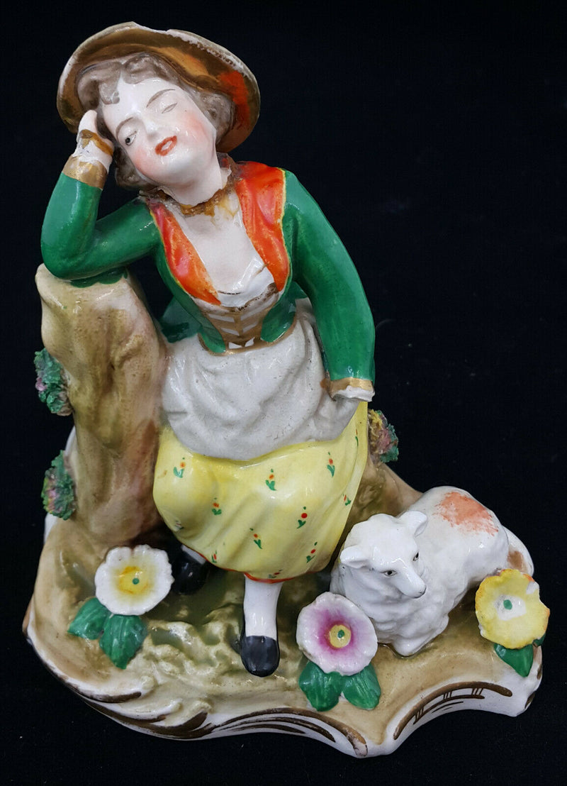 Dresden Figurine Lady Leaning On Tree & Dog Laying Down - Restored