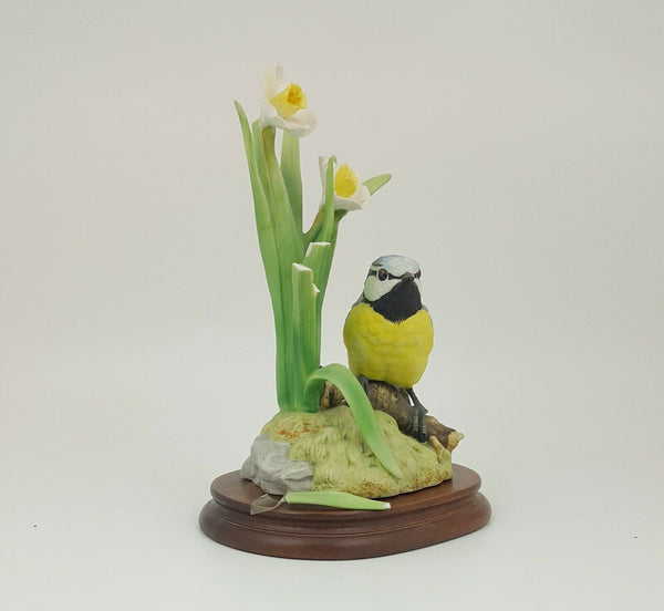 Blue Tit on a Log surrounded with Flowers on Plinth - Damaged