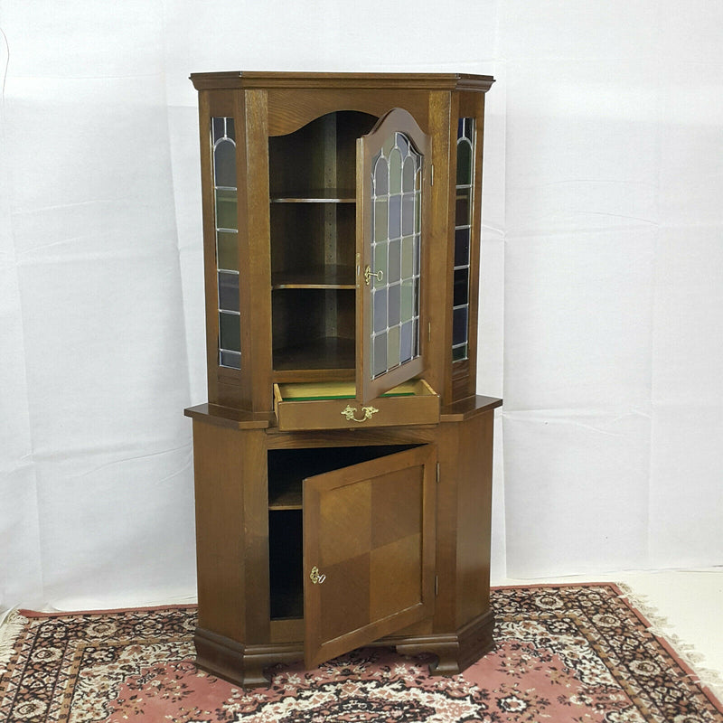 20th Century Corner Cabinet With Leaded Glass Doors & A Cupboard Beneath - F33