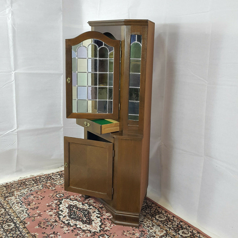 20th Century Corner Cabinet With Leaded Glass Doors & A Cupboard Beneath - F33