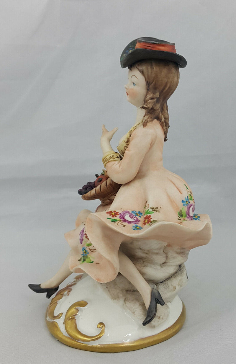 Capodimonte Figurine Seated Girl with Fruit Basket - Minor Chip