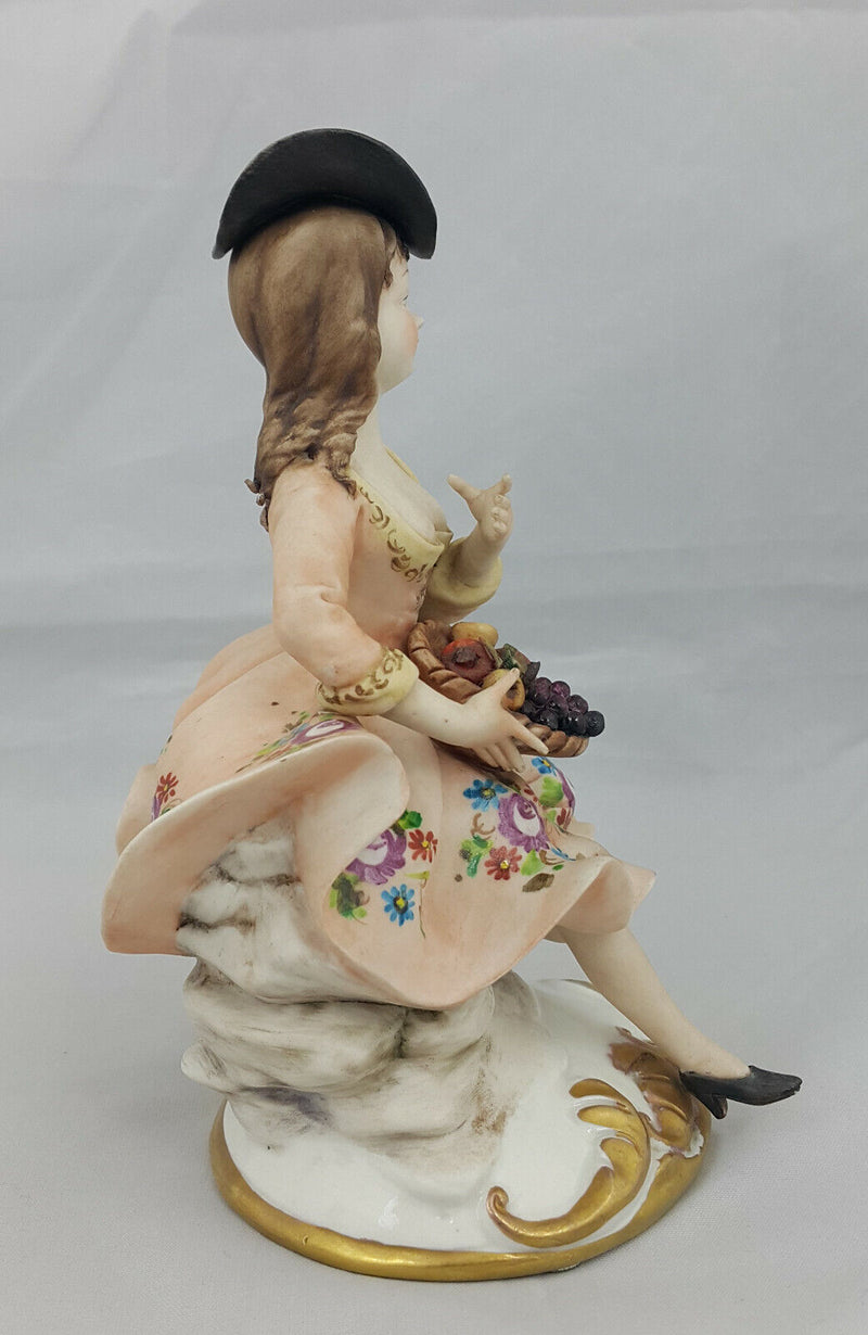 Capodimonte Figurine Seated Girl with Fruit Basket - Minor Chip