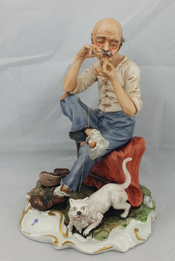 Capodimonte Figurine Seated Man with Cat Darning Socks