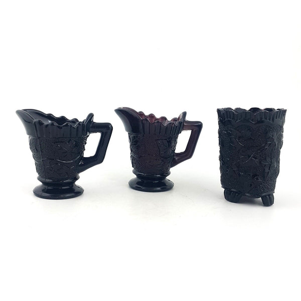 Victorian Davidson Black Glass Vase Jug Set (Chipped) - 6796 OA