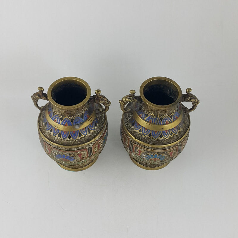 Japanese Vintage Pair of Brass Champleve Urn Vases - 6720 OA