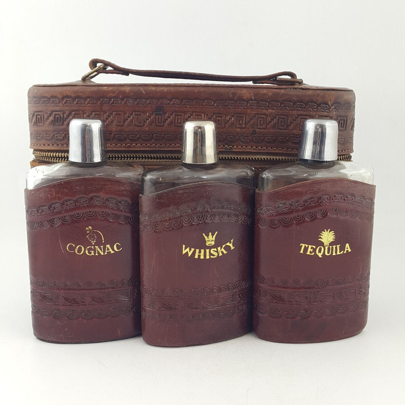 Mexican Leather Travel Case with 3x whisky Cognac Tequila Flask Bottles - 6722 O