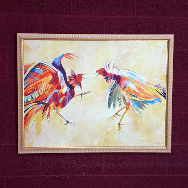 Contemporary Oil on Canvas, Fighting Roosters, Signed, Undated
