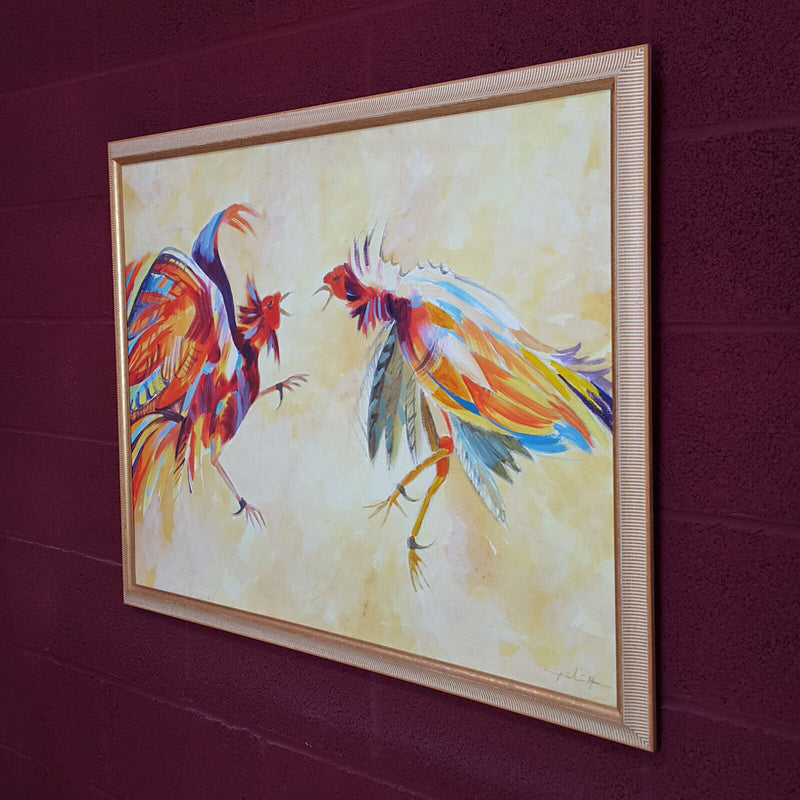 Contemporary Oil on Canvas, Fighting Roosters, Signed, Undated