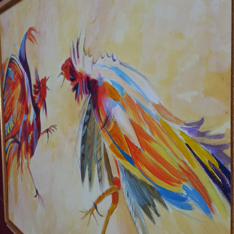 Contemporary Oil on Canvas, Fighting Roosters, Signed, Undated