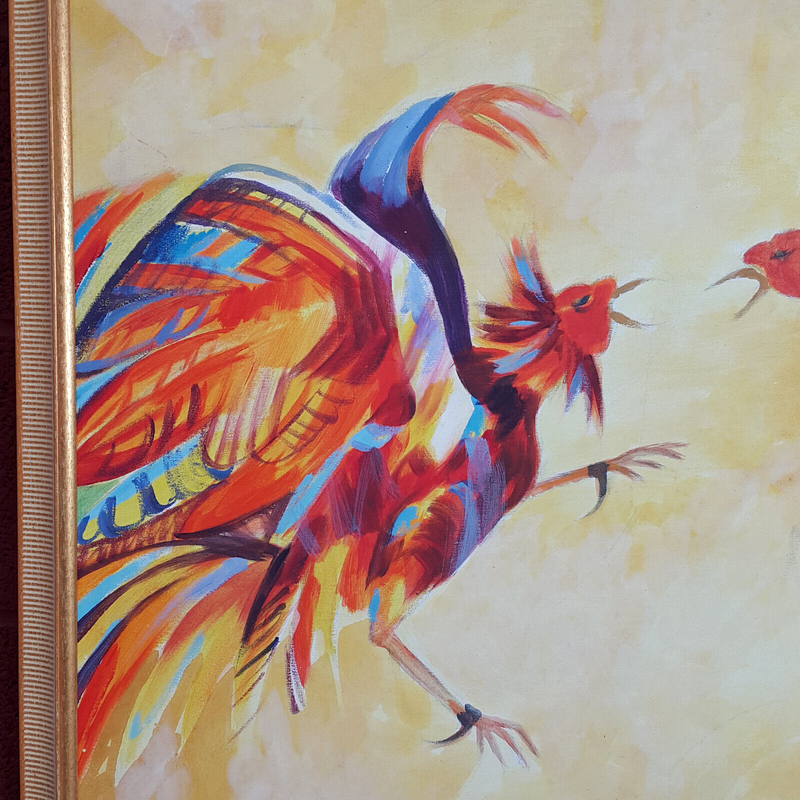 Contemporary Oil on Canvas, Fighting Roosters, Signed, Undated