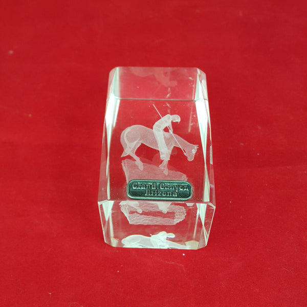 3 D Laser Crystal Glass Paperweight Cube - Man with Arrow on a Horse - OA