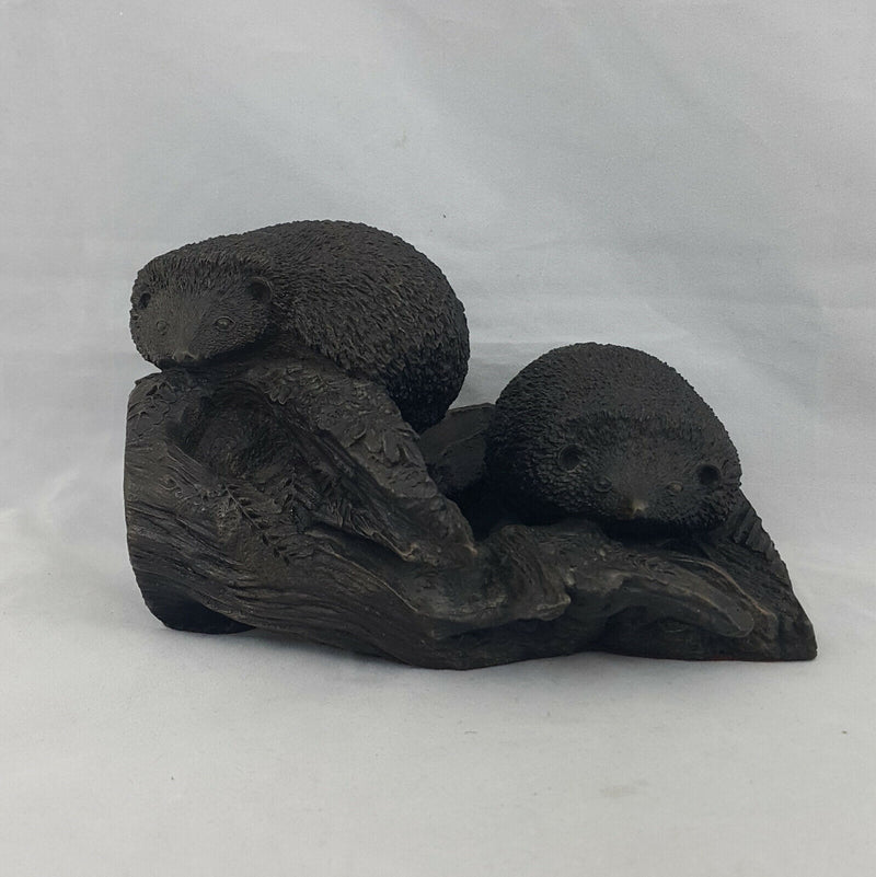 Bronze Figurine 2 Hedgehogs On A Branch