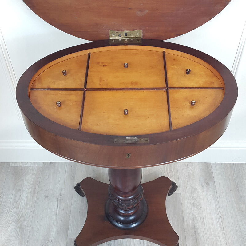 19th C. Continental Mahogany Sewing Table On Quatrefoil Lion's Paw Base - F220