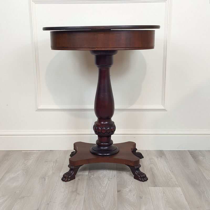19th C. Continental Mahogany Sewing Table On Quatrefoil Lion's Paw Base - F220