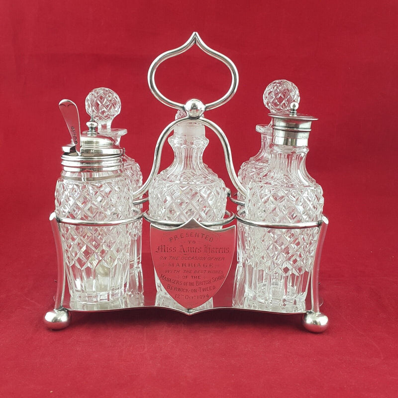 Antique 1894 Victorian Quality Cut Glass & Silver Plated Cruet presentation Set -