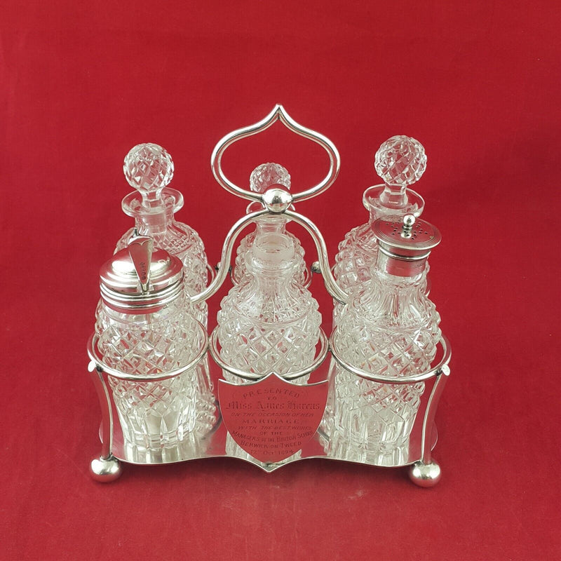 Antique 1894 Victorian Quality Cut Glass & Silver Plated Cruet presentation Set -