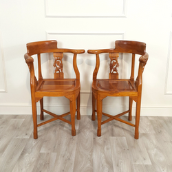 Pair Of Chinese Style Carved And Stained Wooden Corner Armchairs - F219