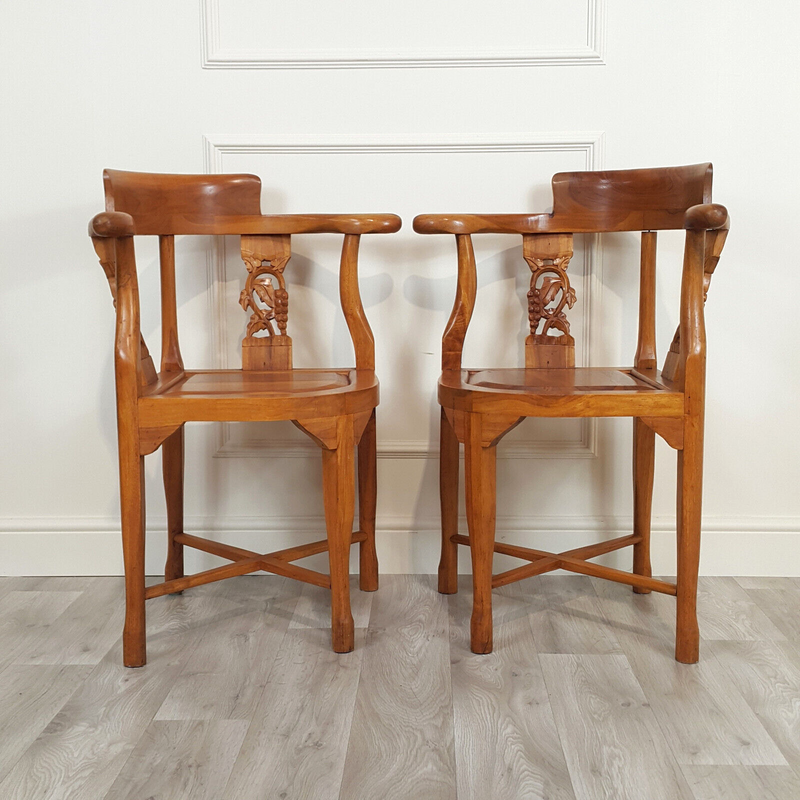 Pair Of Chinese Style Carved And Stained Wooden Corner Armchairs - F219