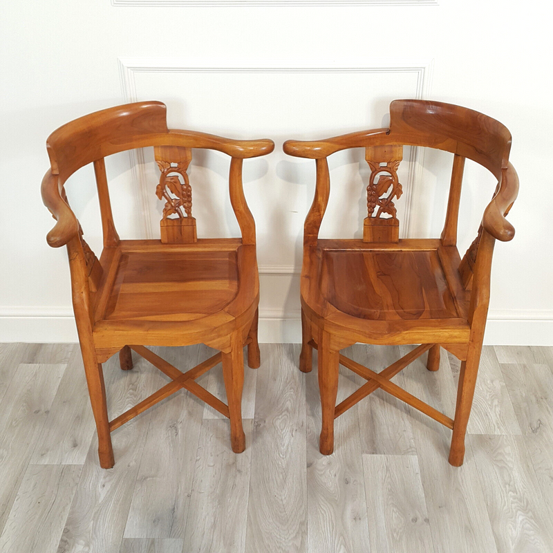 Pair Of Chinese Style Carved And Stained Wooden Corner Armchairs - F219