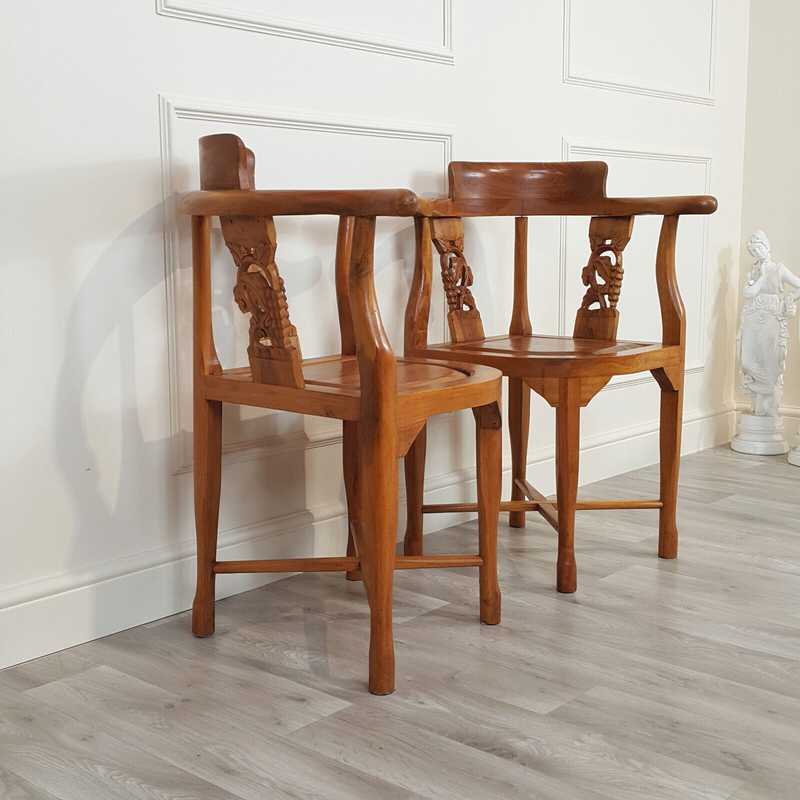 Pair Of Chinese Style Carved And Stained Wooden Corner Armchairs - F219