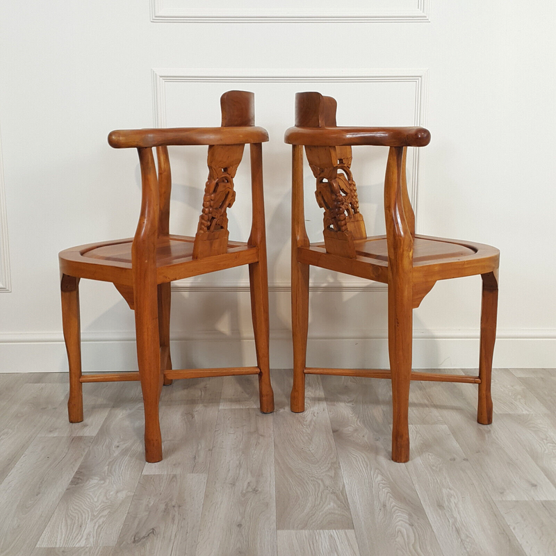 Pair Of Chinese Style Carved And Stained Wooden Corner Armchairs - F219