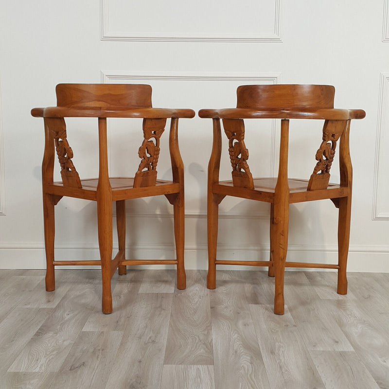 Pair Of Chinese Style Carved And Stained Wooden Corner Armchairs - F219