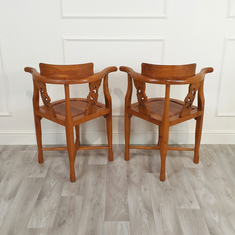 Pair Of Chinese Style Carved And Stained Wooden Corner Armchairs - F219