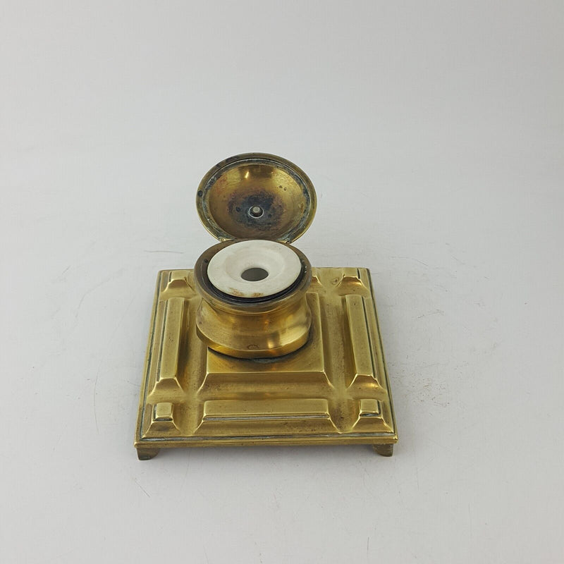 Vintage Art Deco Solid Brass Sleek Geometric Inkwell - 44TF