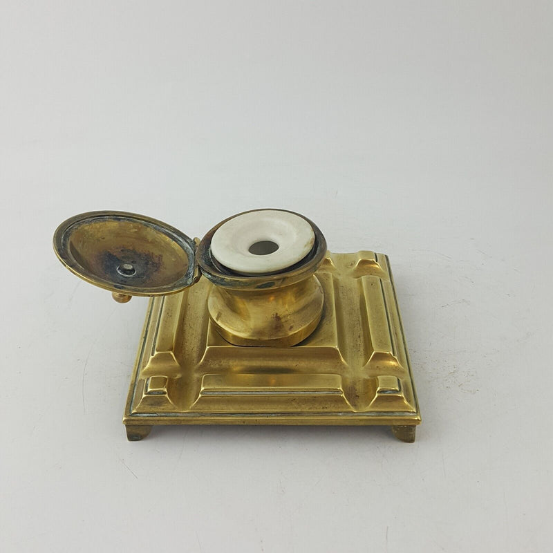 Vintage Art Deco Solid Brass Sleek Geometric Inkwell - 44TF