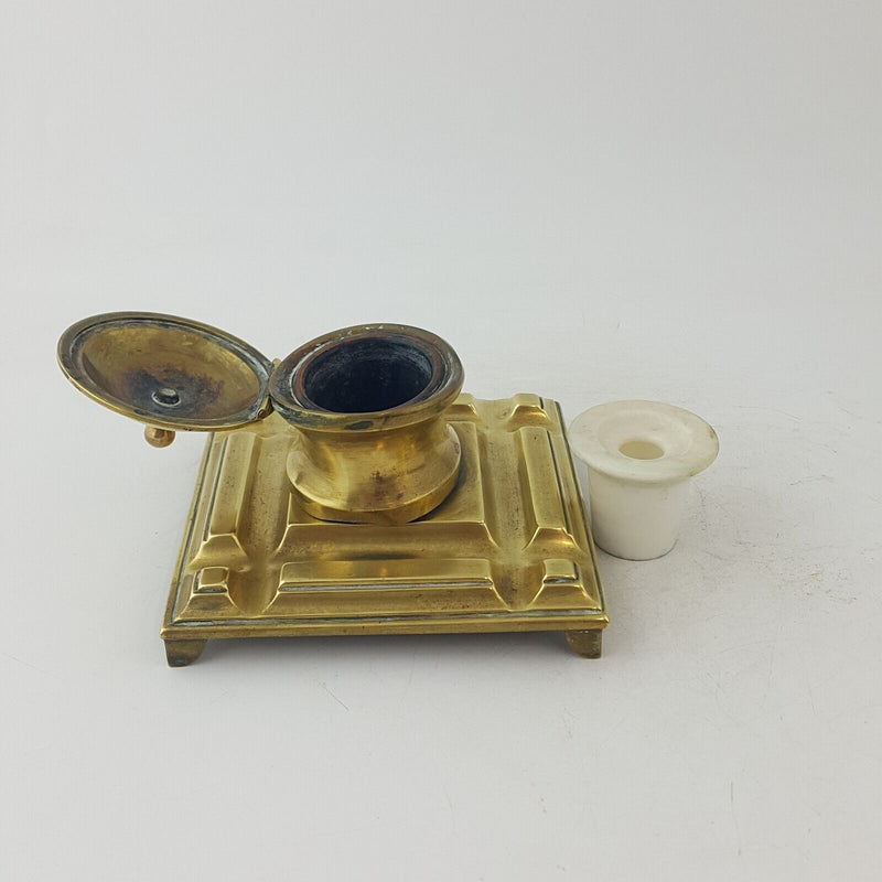 Vintage Art Deco Solid Brass Sleek Geometric Inkwell - 44TF