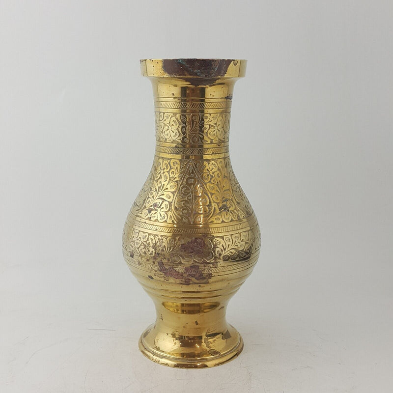 Vintage Etched Brass Vase. Old Ornate Brass Vase Made in India