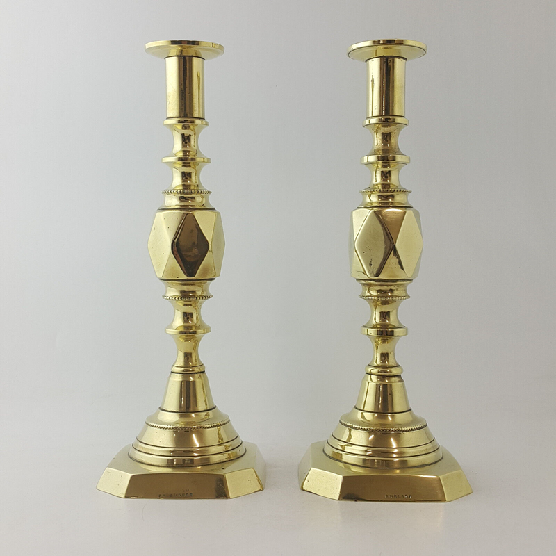 Pair Of Antique English Princess Of Diamonds Brass Candlesticks - TF 130