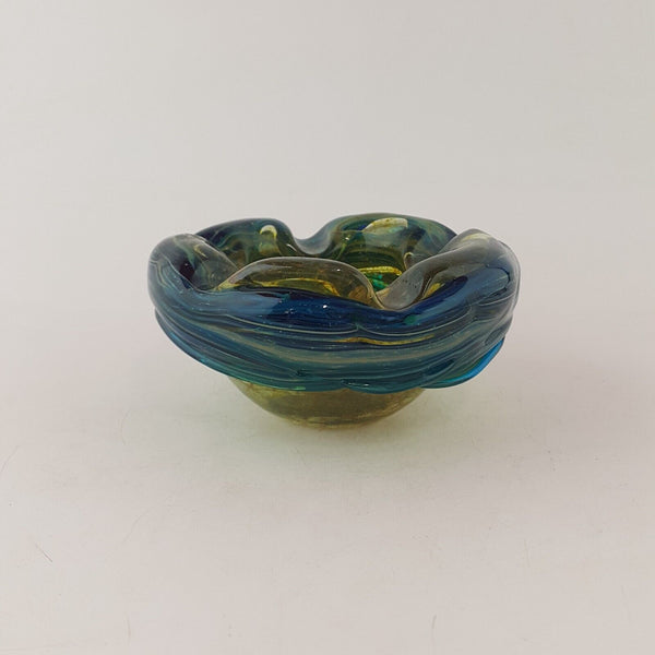Vintage Mid-century Mdina Art Glass Blue & Yellow Whirlpool Bowl Ashtry - 7751 N