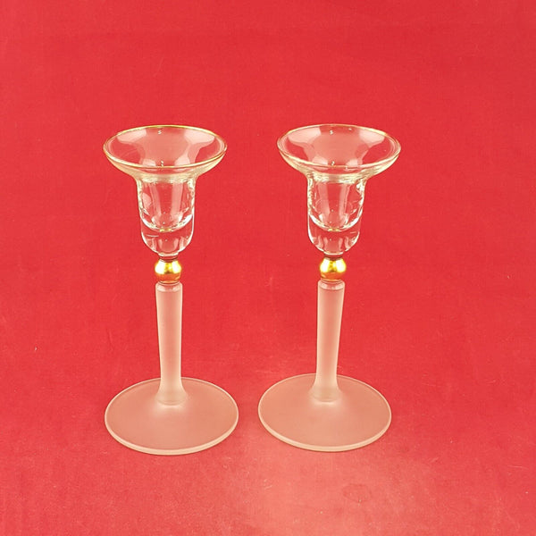 Vintage Pair Of Frosted Gold Glass Candle Holders Candle Sticks - 7835 OA