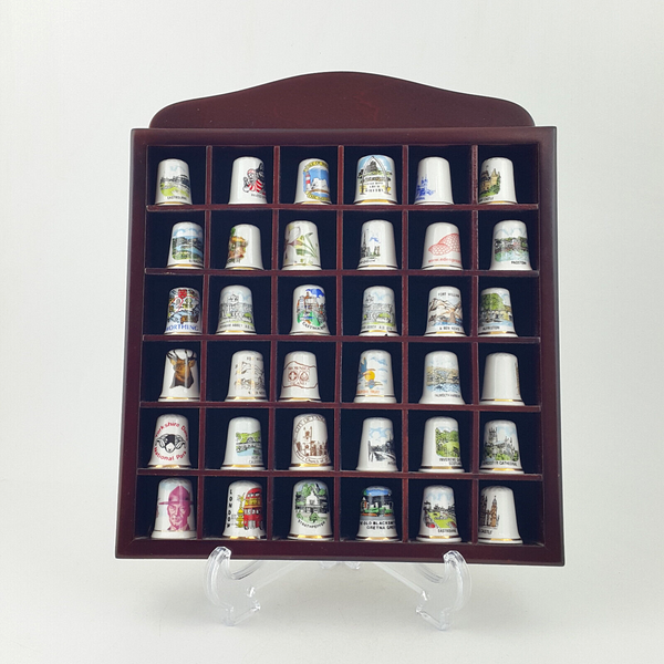 36 x Vintage Decorative Bone China England Thimbles In Wooden Stand - OP 2667