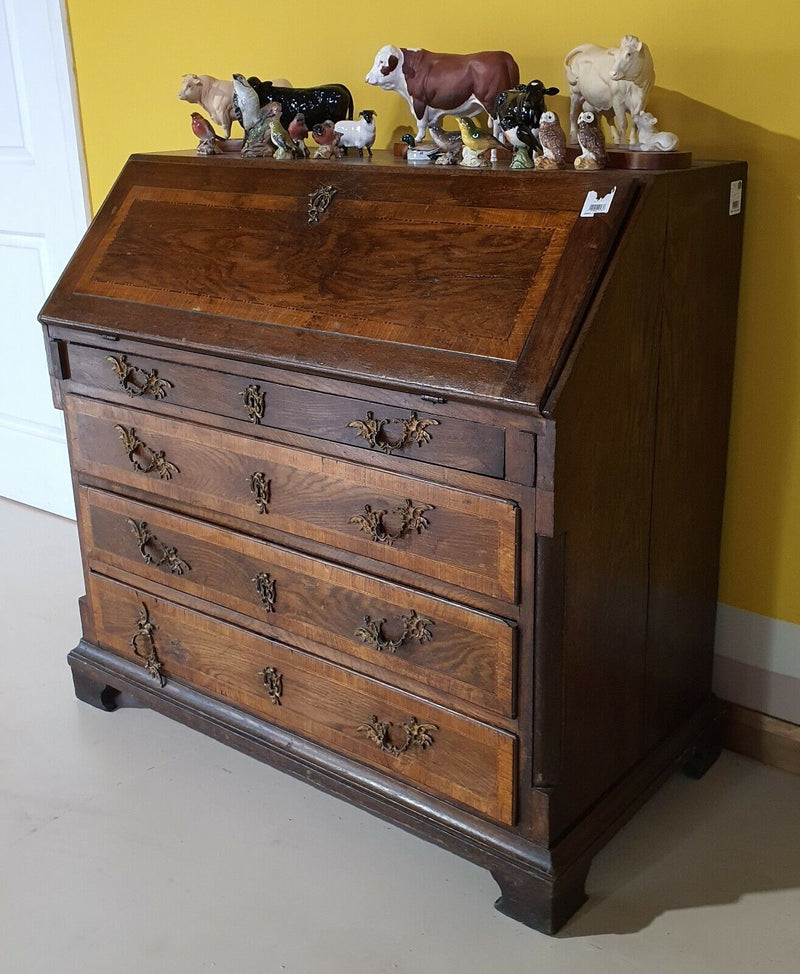 Inlaid Oak Writing Bureau with Brass Handles and Mounts 19th Century Continental