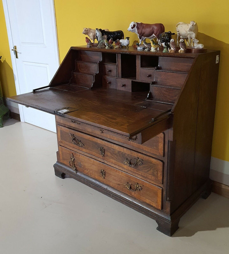 Inlaid Oak Writing Bureau with Brass Handles and Mounts 19th Century Continental