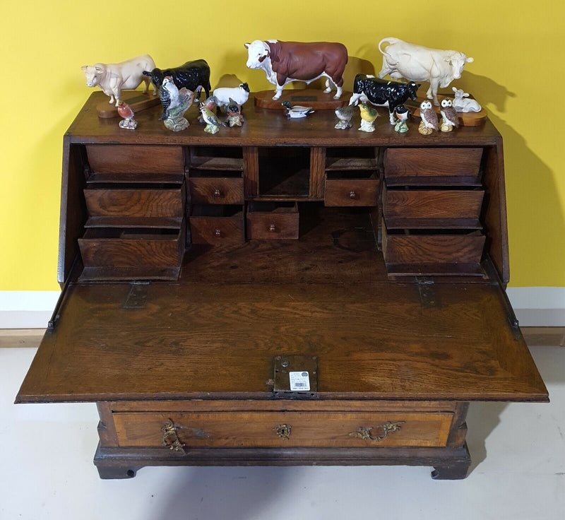 Inlaid Oak Writing Bureau with Brass Handles and Mounts 19th Century Continental