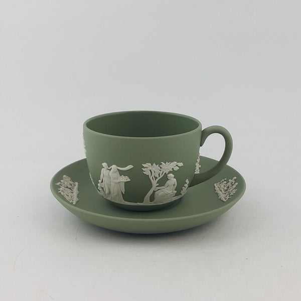 Wedgwood - Sage Green Jasperware Tea Cups and Saucer - 8140 WD