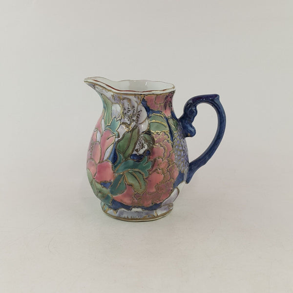 Chinese Porcelain Small Jug / Pitcher - Navy With Peony Flowers & Raised Gilt -