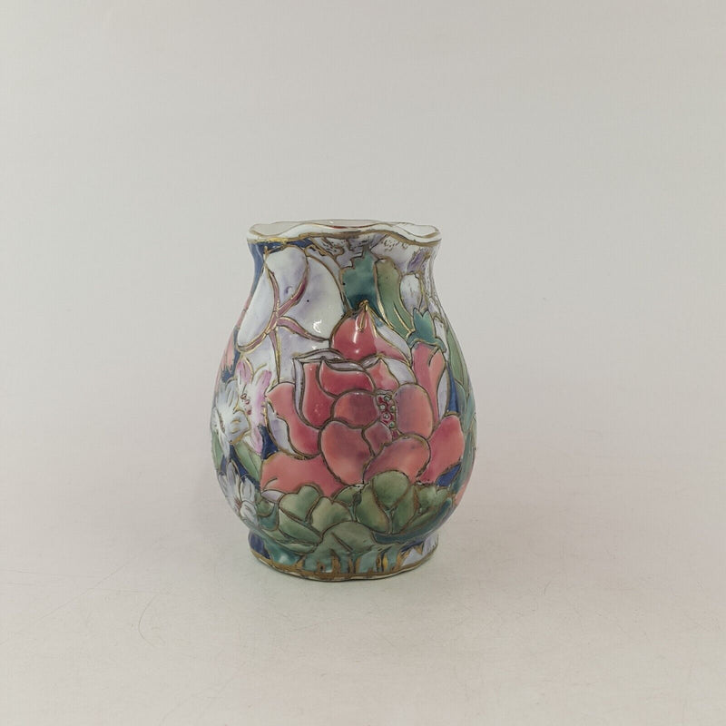 Chinese Porcelain Small Jug / Pitcher - Navy With Peony Flowers & Raised Gilt -