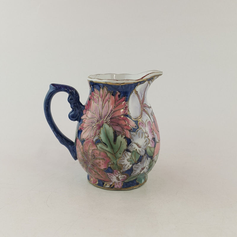 Chinese Porcelain Small Jug / Pitcher - Navy With Peony Flowers & Raised Gilt -